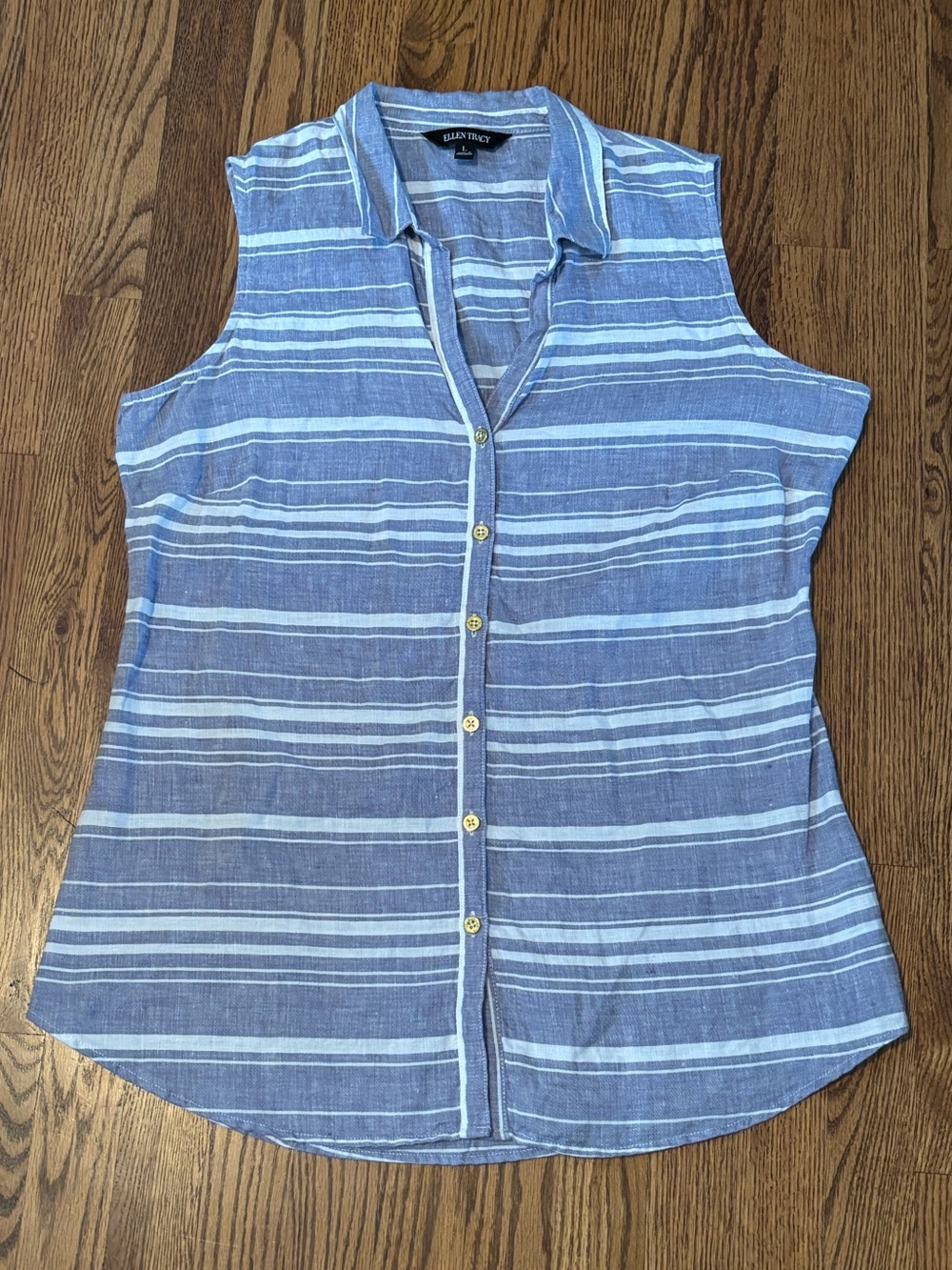 Ellen Tracy Blue & White Striped Sleeveless Linen Top - Size Large EUC
